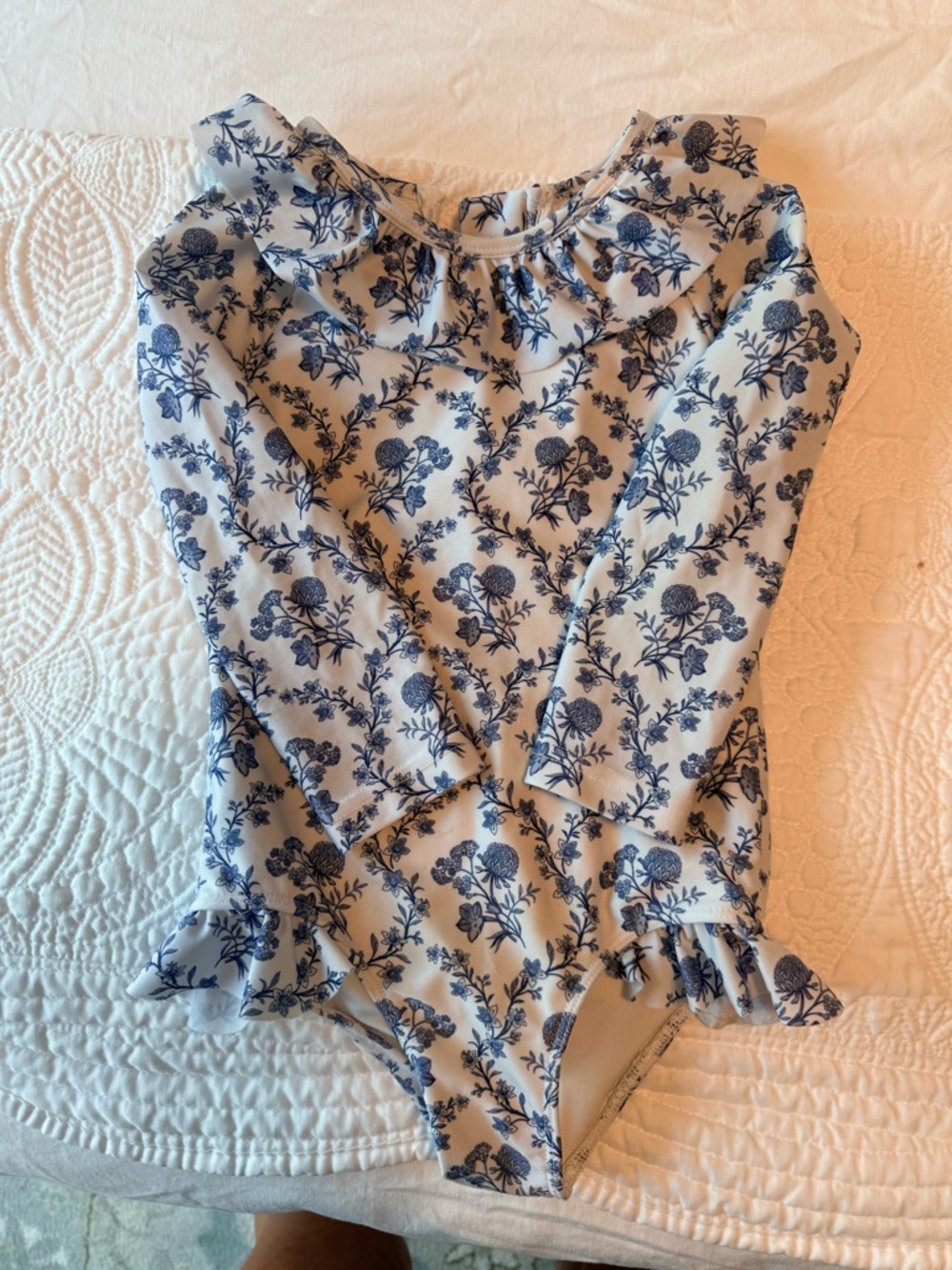 Girls Long Sleeve Ruffle One-Piece Swimsuit in Blue Floral 3T